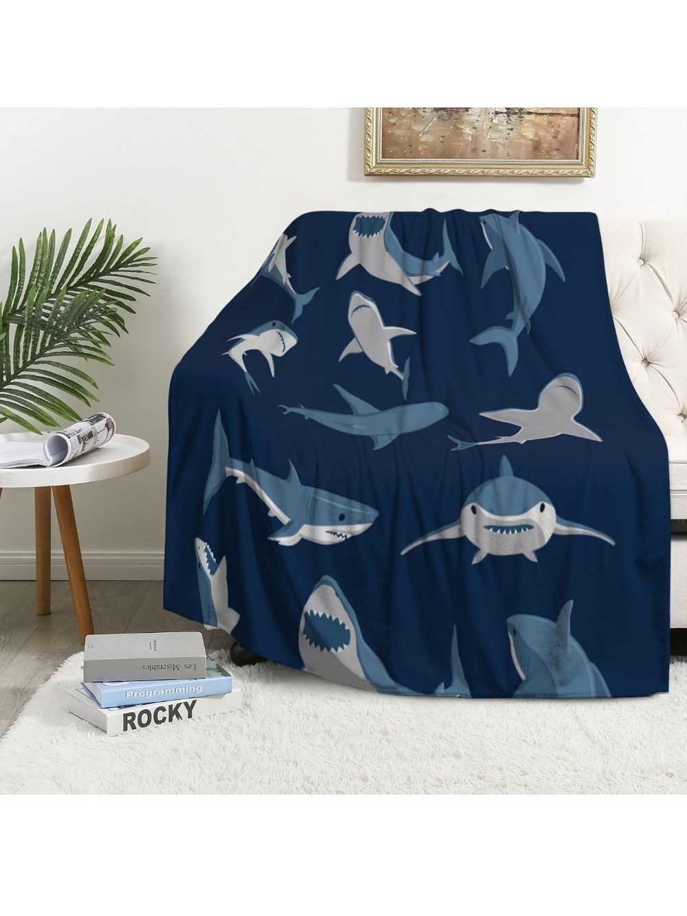 Coastal Shark Print Plush Throw Blanket - Navy